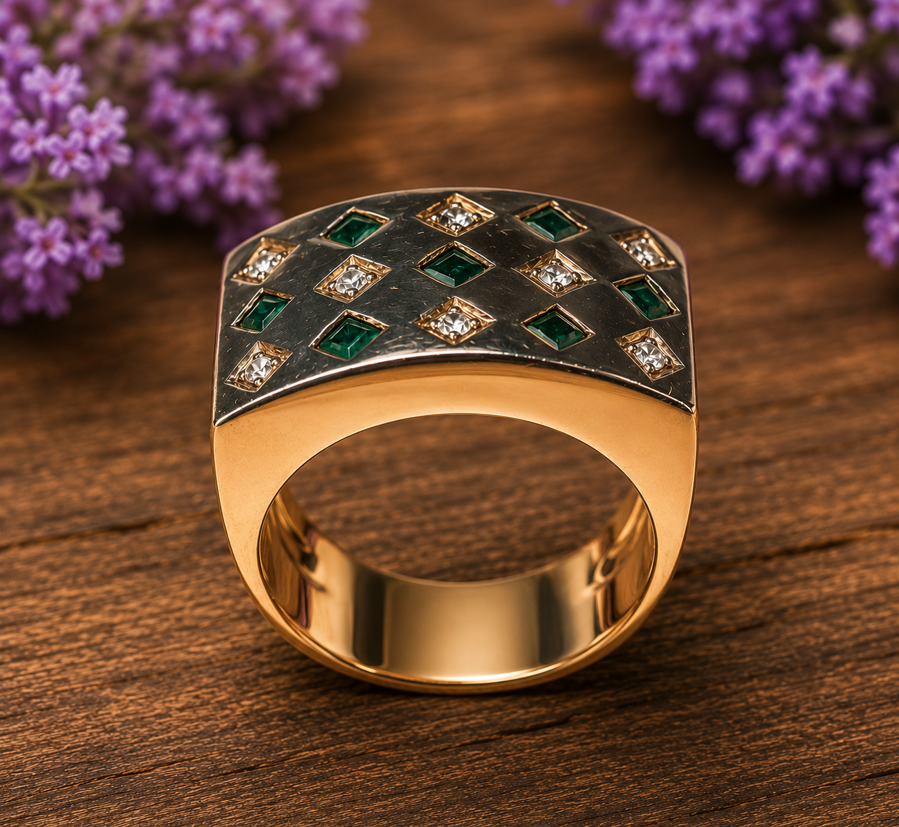 Anillo bicolor esmeraldas carré y brillantes - Imagen 3