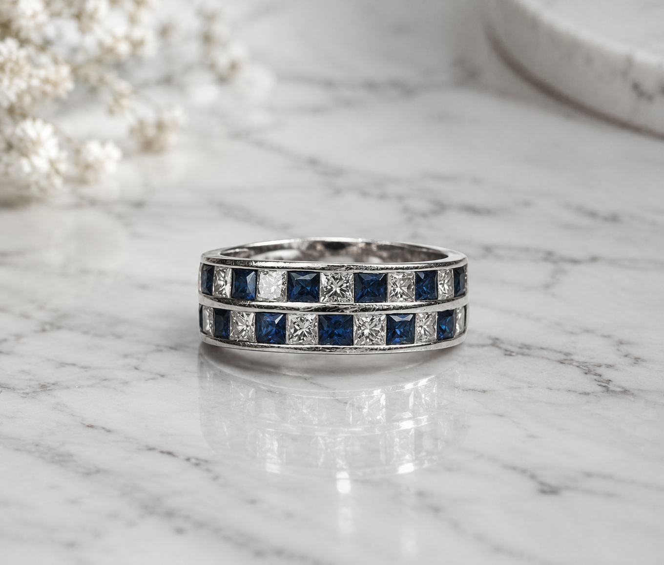 Anillo doble riel zafiros y diamantes Princess