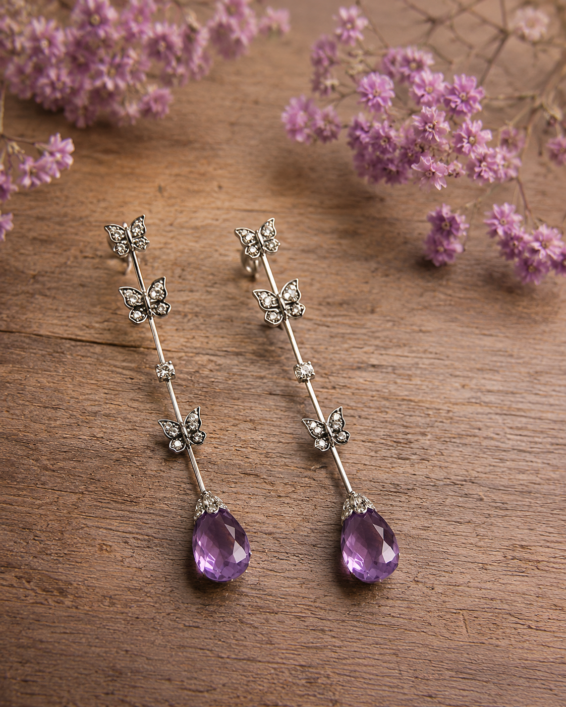 Aros amatista briolette y mariposas - Imagen 2