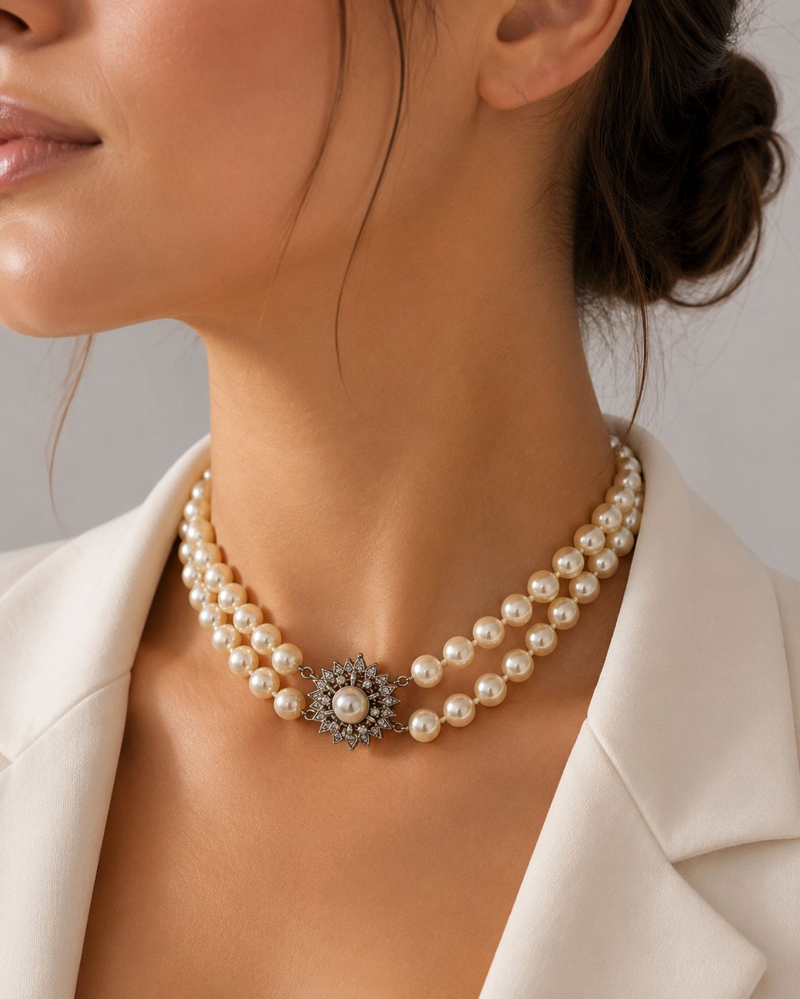 Collar de perlas broche sol de diamantes - Imagen 2
