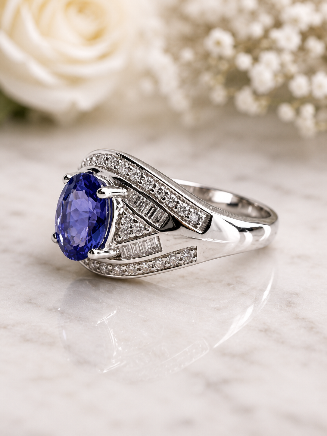 Anillo domo tanzanita brillantes y baguettes - Imagen 3