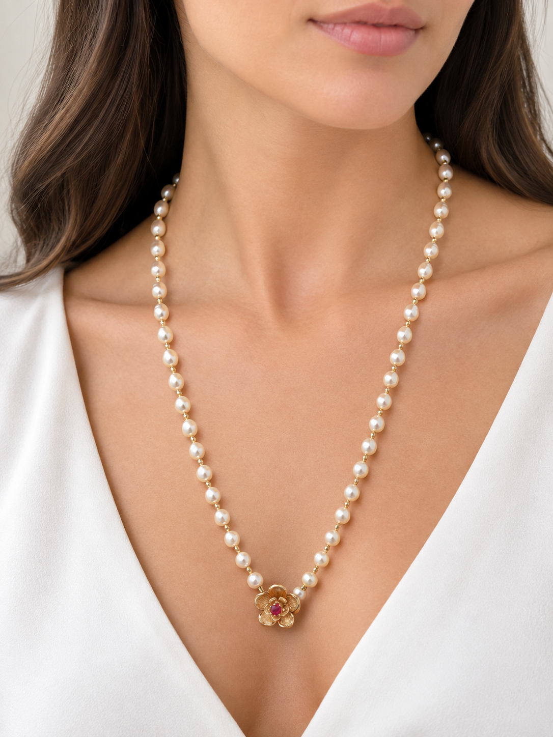 Collar perlas Akoya broche rubí - Imagen 3
